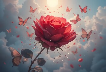 A Single Red Rose Blooming in a Dreamlike Sky Surrounded by Dancing Butterflies, Petals, and Sparkling Dust. A Magical and Whimsical Scene.