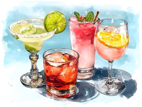 Minimalist watercolor illustration of refreshing alcoholic cocktails