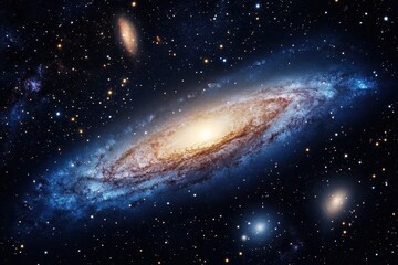 Fototapeta premium Stunning view of a blue galaxy and vibrant nebula in deep space illuminated by distant stars, blue galaxy and nebula space background