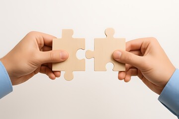 Hands connecting wooden puzzle pieces image