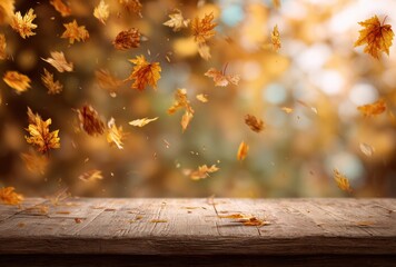 autumn leaves on the wooden background