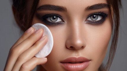Makeup remover cotton pad held near face of woman with smoky eye makeup and clear skin, beauty and skincare concept