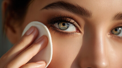 Makeup remover cotton pad gently cleanses delicate skin around eye with soft texture and natural beauty glow