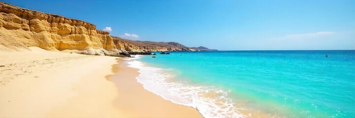 Maltese Beach Paradise Golden Sand, Turquoise Waters, Gentle Waves under a Vibrant Blue Sky. Perfect for Summer Vacation and Travel Advertising.