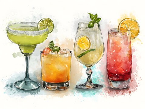 Minimalist watercolor illustration of refreshing alcoholic cocktails - Powered by Adobe