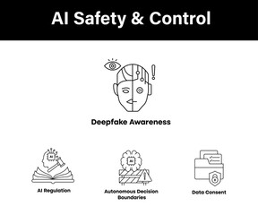  AI Safety and Control – Protecting Society from Risks of Advanced Technologies icons with editable stroke.
