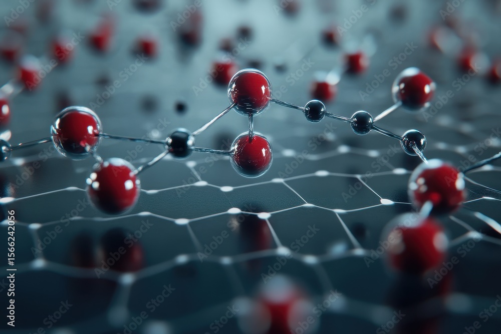 Poster molecules interact above a dna strand on a spinning grid in a high-tech lab environment, molecules o