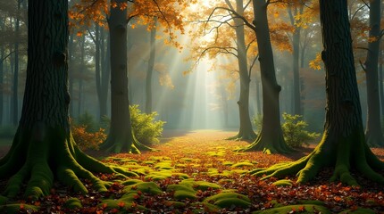  A realistic image of a quiet forest clearing, sunlight filtering through tall trees, casting dappled light onto a carpet of moss and fallen leaves -