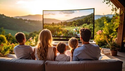 Family Watching Movie On Television Outdoors During Sunset Against Scenic Landscape