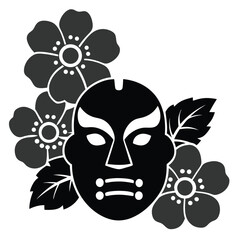 Elegant Japanese Mask with Blossom Floral Design Black and White Silhouette Illustration