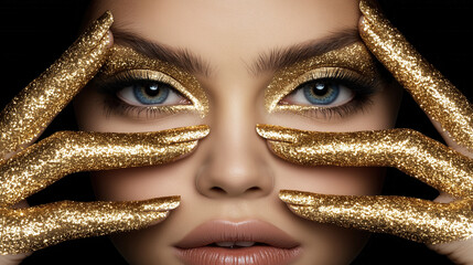 A close-up of a woman's face with dazzling golden glitter makeup and matching sparkling hands