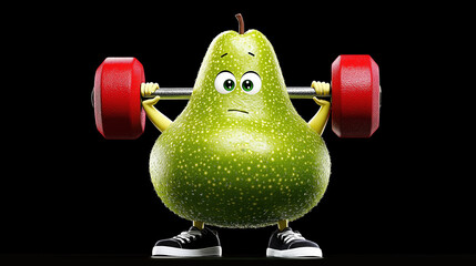 A determined cartoon pear in sneakers lifts a heavy red barbell