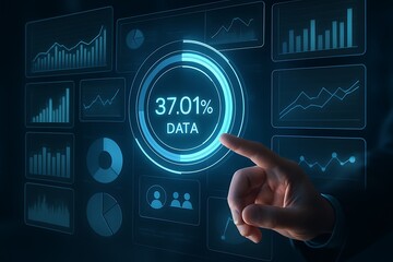 Digital data analysis interface with glowing charts