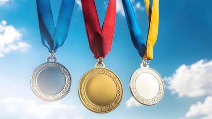 Gold Silver Bronze Medals Hanging Against Blue Sky Winning Awards Ceremony