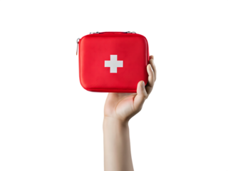 Red first aid kit held by hand isolated on a transparent background