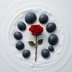 Serene Zen Garden: Red Rose and Smooth Black Stones on White Sand