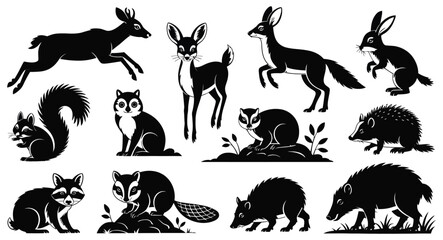Silhouette illustrations of woodland animals including deer, fox, rabbit, squirrel, raccoon, and hedgehog isolated on white background