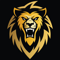 Aggressive golden lion head roaring with sharp teeth and mane emblematic symbol isolated on transparent background