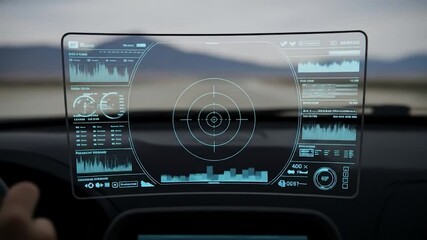 Futuristic Car Dashboard HUD Displaying Data in Desert Landscape - Powered by Adobe