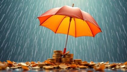 in this digital image, an open red umbrella stands in the center, protecting a collection of coins scattered beneath it