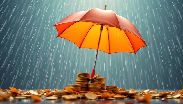 in this digital image, an open red umbrella stands in the center, protecting a collection of coins scattered beneath it
