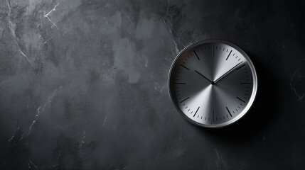 **A high-gloss silver clock hung on a charcoal textured wall, surrounded by subtle reflections and blank space perfect for text overlay