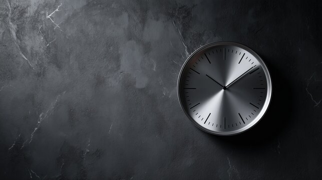 **A high-gloss silver clock hung on a charcoal textured wall, surrounded by subtle reflections and blank space perfect for text overlay