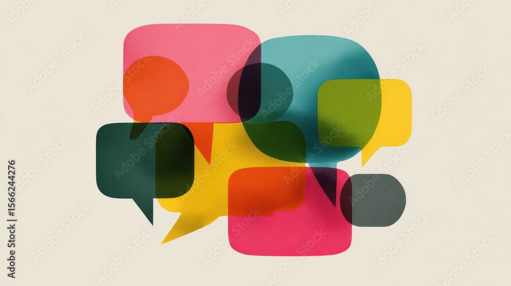 Poster colorful speech bubbles overlapping on neutral background showcasing communication and conversation 