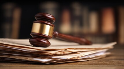 Wooden Gavel on Stack of Legal Papers with Blurred Law Books in Background Representing Justice and Legal Practice