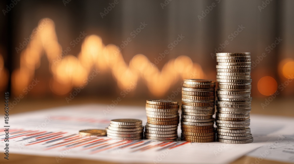 Poster stacked coins on financial report with blurred background showing stock market trends and growth pat