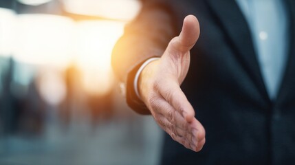 Businessman Extending Hand for a Firm Handshake in Professional Environment with Soft Background Light