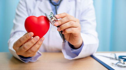 Doctor Examining a Heart Model with Stethoscope Cardiology and Heart Health