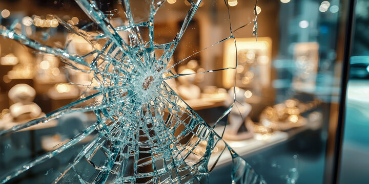 Close-up of broken glass window in a jewelry store after break-in - burglary or attempted robbery incident concept