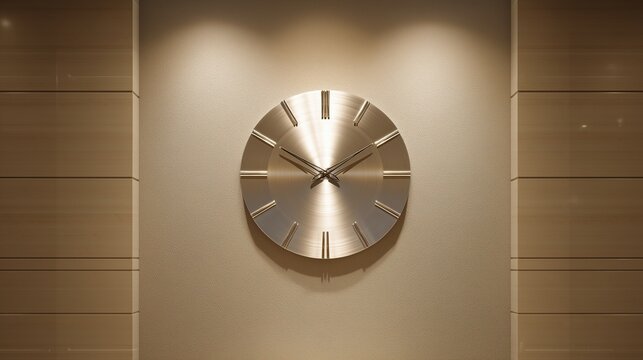 **A metallic silver clock mounted at the center of a slightly textured beige wall, surrounded by neutral tones and balanced space on all sides