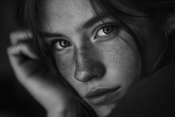 Fototapeta premium ai close-up portrait of a young woman with striking freckles in soft monochrome