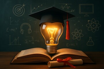 Glowing graduation cap lightbulb on open book diploma