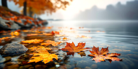Tranquil lakeside scene, vibrant autumn leaves reflecting on water, serene atmosphere perfect for relaxation and contemplation.