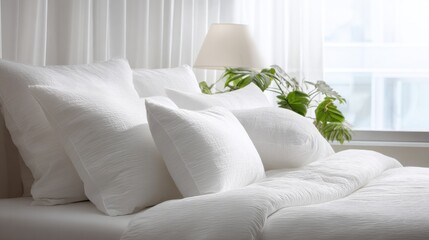 Obraz premium Cozy and Inviting Bedroom Scene with Soft White Pillows and Plush Bedding Accentuated by Natural Light