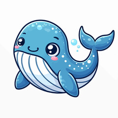 Obraz premium Charming, cartoonish depiction of a whale with large eyes, a smile, and a friendly expression. The whale is a light blue color with spots and bubbles.