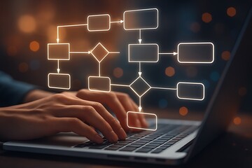 Hands typing on laptop with glowing flowchart technology