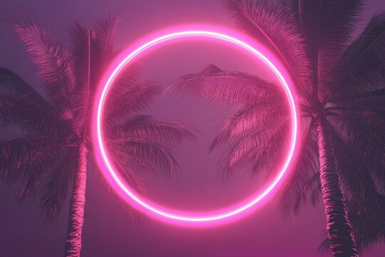 Neon circle frame glowing between two palm trees at dusk in a tropical setting, Circular neon frame in between two palm trees