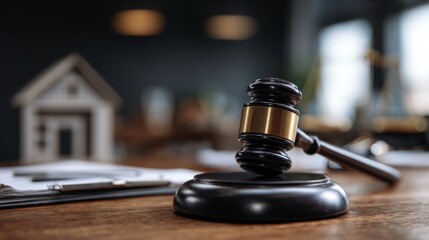 Elegant wooden gavel on table with house model and legal documents in background, symbolizing justice and law