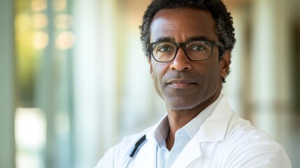 Obraz premium Portrait of a serious middle-aged African American male doctor in a white coat, arms crossed, wearing glasses.