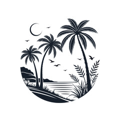 Tropical Paradise Silhouetted Palm Trees, Ocean, and Moon in a Circular Design
