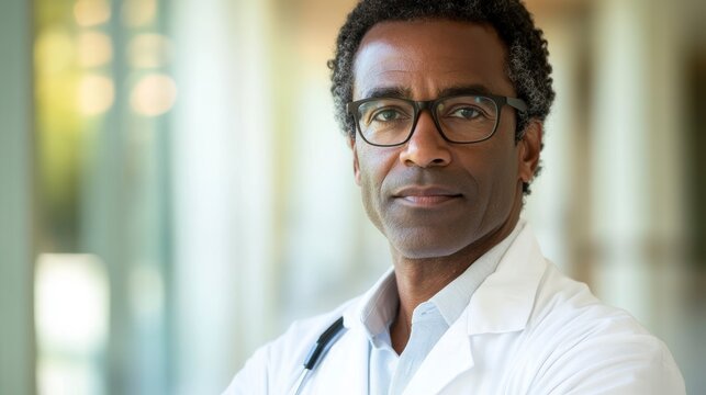 Portrait of a serious middle-aged African American male doctor in a white coat, arms crossed, wearing glasses.