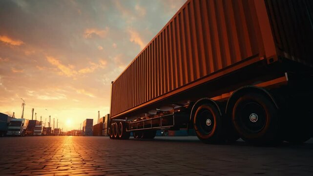 Truck hauling container at sunset, vibrant colors. Logistics and transport industry shown.