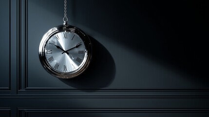 **A silver metal clock with glossy detailing hanging on a dark matte wall with empty space to the left, dramatic lighting creating elegant contrast