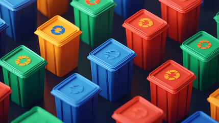 Fototapeta premium Colorful recycling bins with recycling symbols on their lids, representing waste sorting and environmental sustainability.