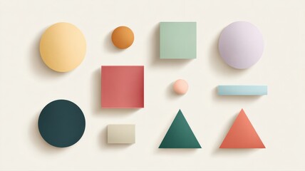 A collection of minimalist geometric shapes (circles, squares, triangles) in a soft pastel palette, arranged artistically