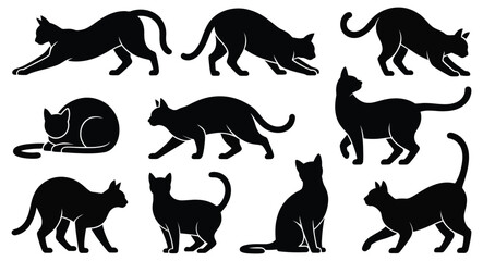 Black cat silhouette illustrations in various poses including sitting, stretching, walking and playing — ideal for graphic design projects